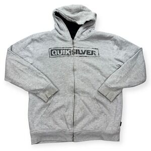 Y2K Quiksilver Hoodie Men's XL Heather Gray Fleece Lined Zip Up Spell Out Logo